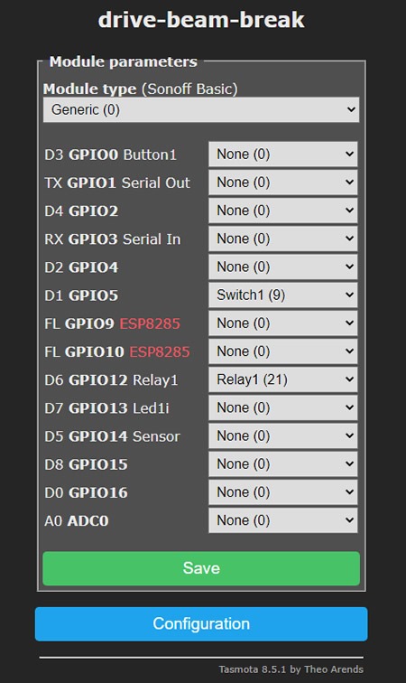 ir beam break settings with tasmota